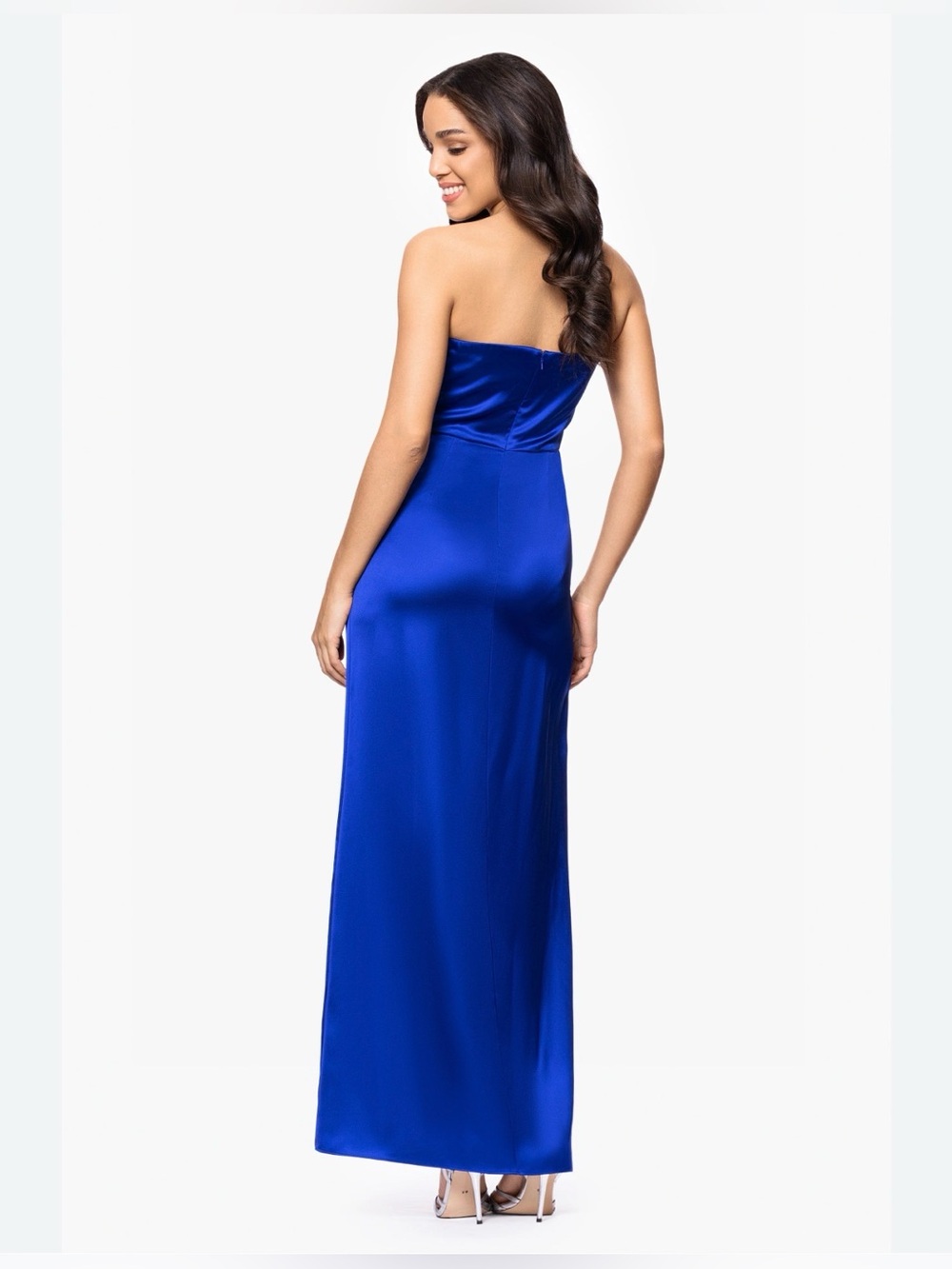 Morgan & Co. Strapless Satin Maxi Dress in Cobalt Blue